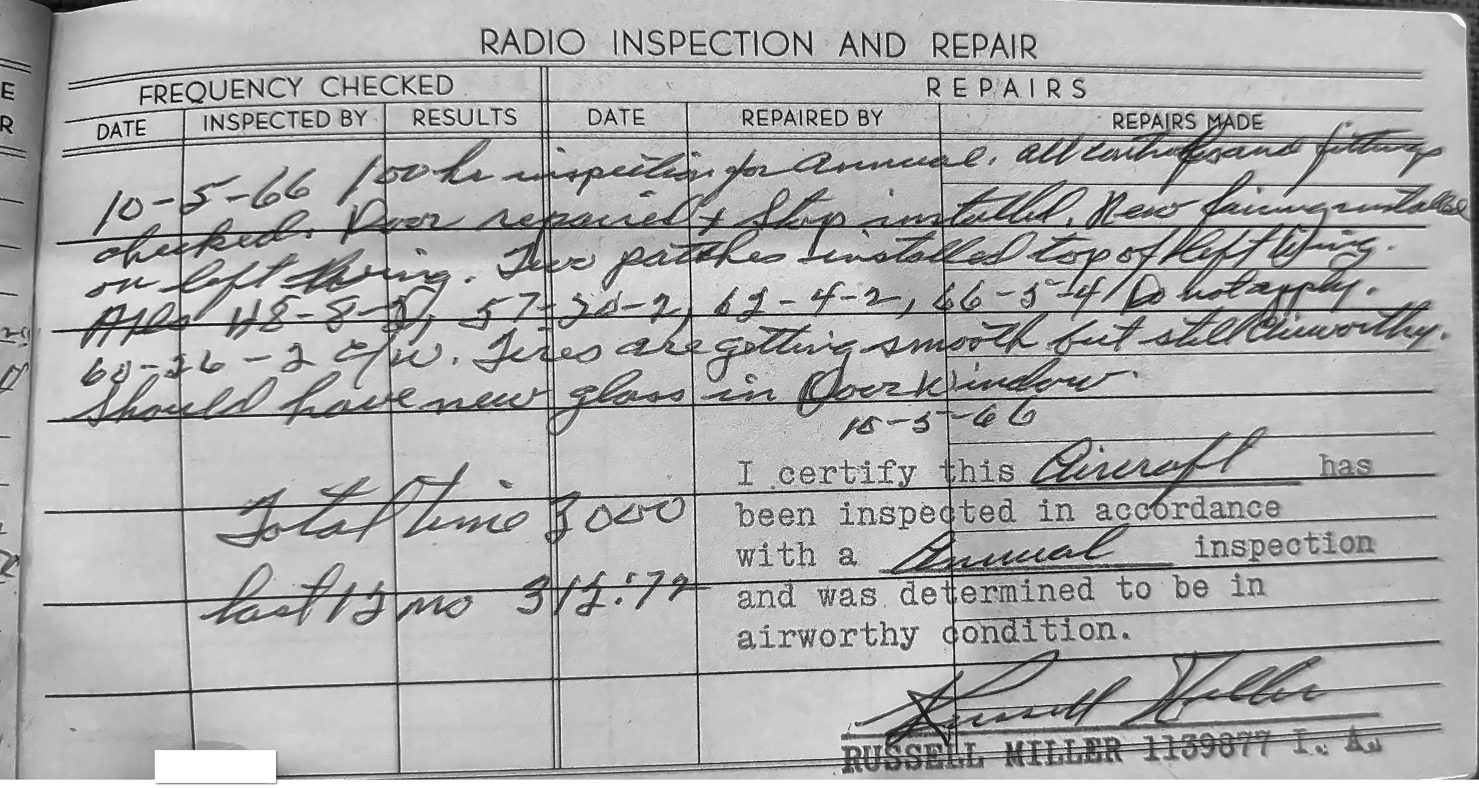 Cleaned-up scan of an aircraft logbook page after OCR processing — denoised, cropped, and enhanced to scan-quality