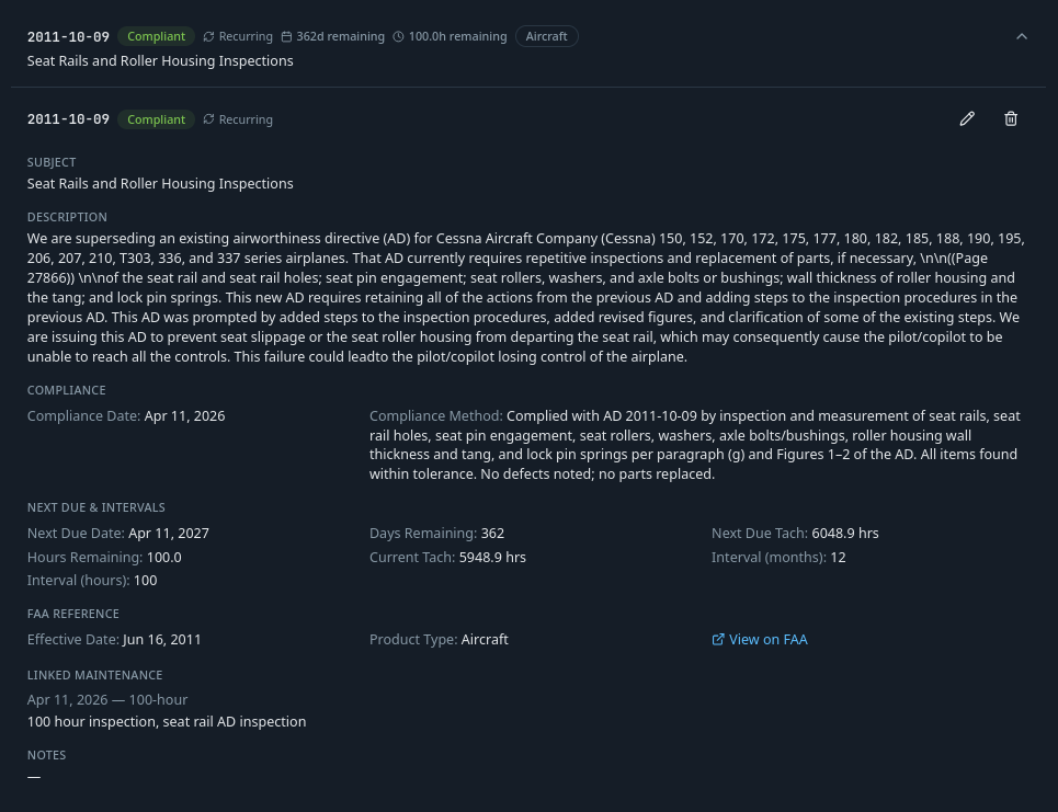 Expanded AD compliance record showing status, compliance date and method, linked parts, next due dates and tach hours, and linked maintenance record