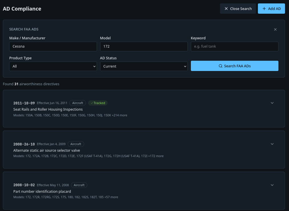 AD Compliance search panel with filters for manufacturer, model, keyword, product type, and status, showing FAA DRS results ready for one-click import